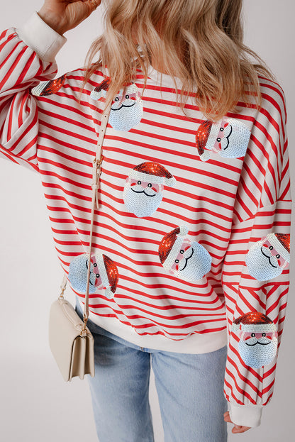 Stripe Santa Claus Sequins Loose Fitting Sweatshirt