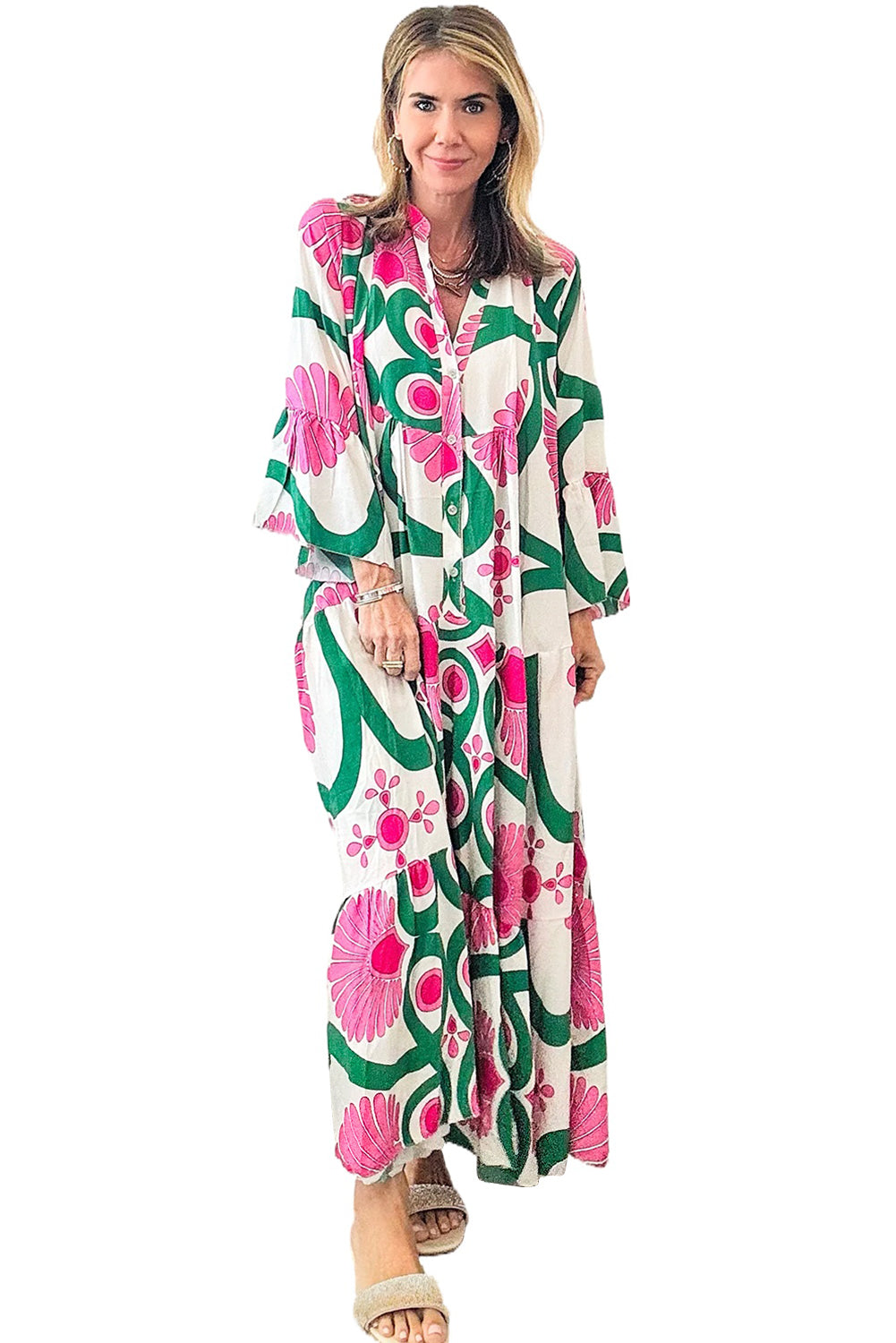 Boho Abstract Button V Neck Oversized Maxi Dress