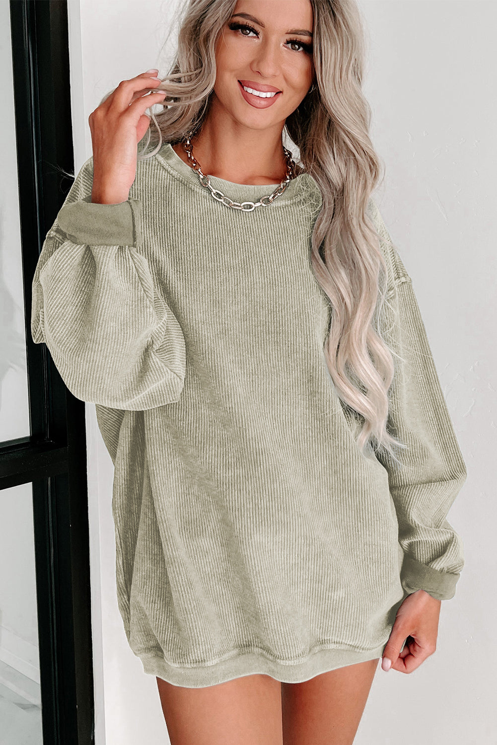 Ribbed Round Neck Drop Sleeve Pullover Sweatshirt