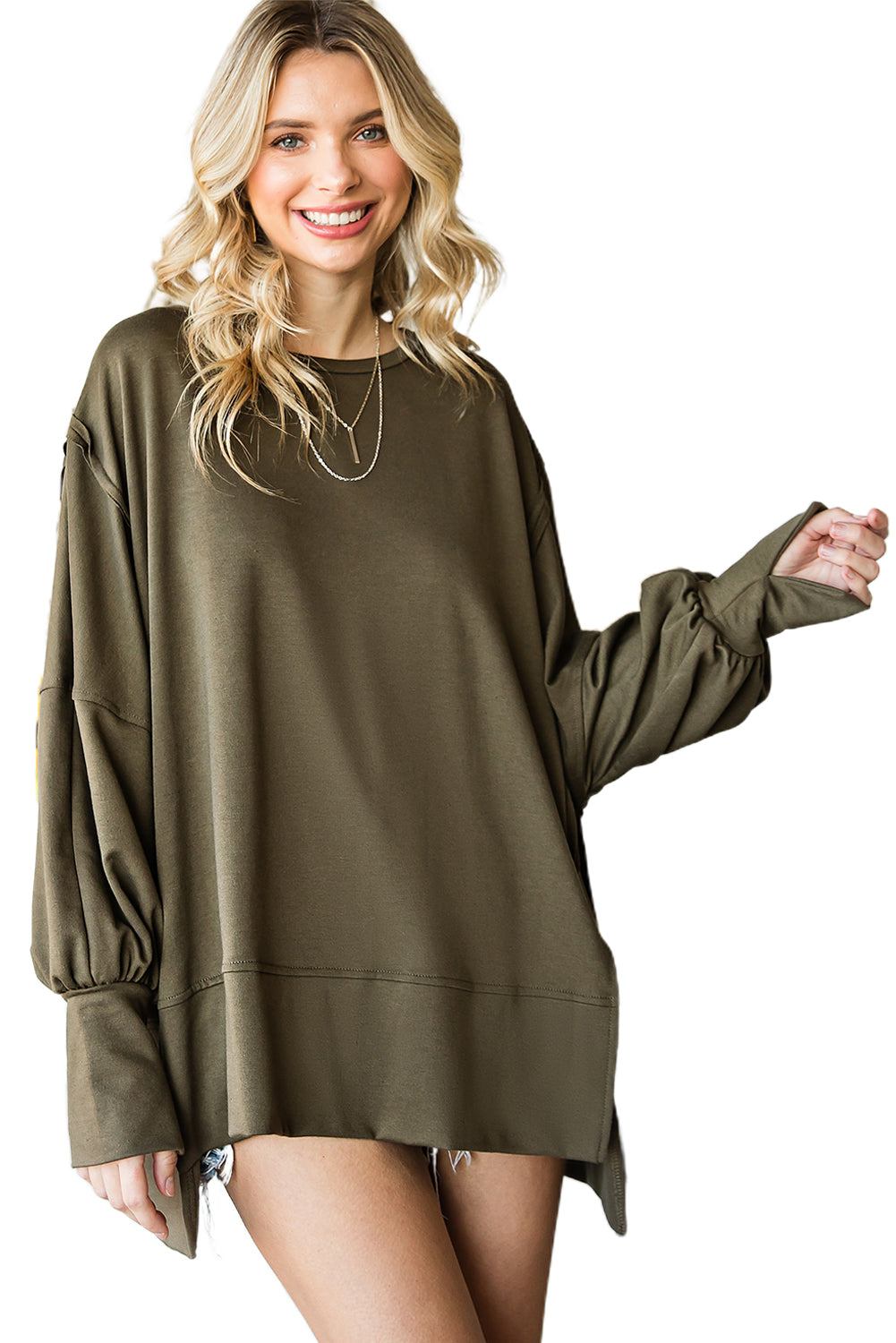 Green Slits Drop Shoulder Oversized Top