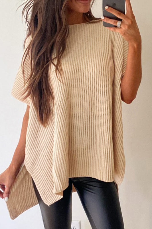 Side Slit Short Sleeve Oversized Sweater