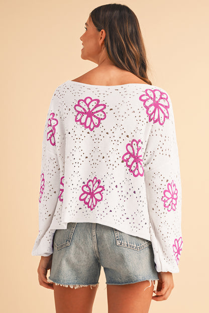 Beige Flower Print Drop Shoulder Hollow Knit Sweater