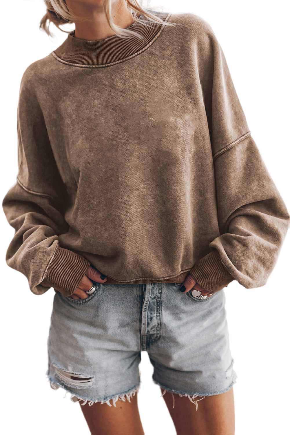 Washed Drop Shoulder Crewneck Pullover Sweatshirt