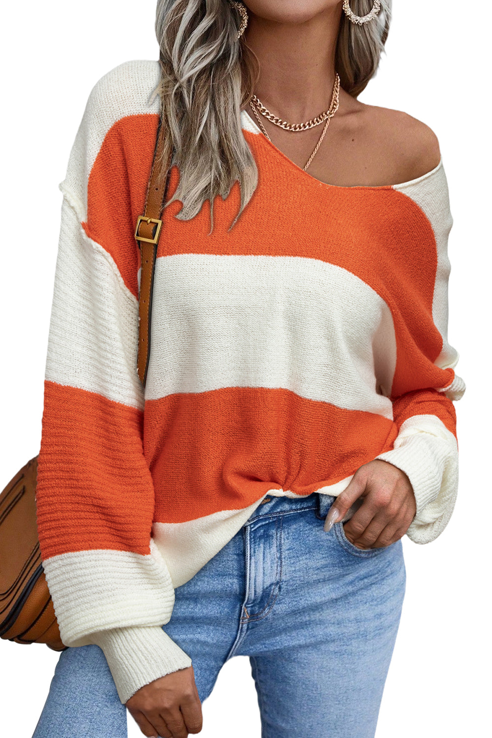 Orange Colorblock V Neck Side Slits Sweater