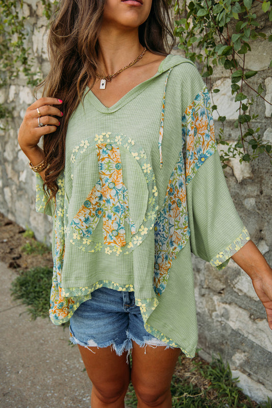 Clearly Aqua Floral Patchwork V Neck Batwing Sleeve Ribbed Top