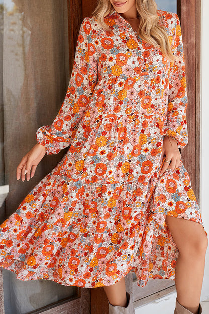 Boho Floral Collared Long Sleeve Dress