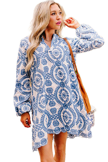 Boho Floral Embroidered Notch V Neck Mini Dress