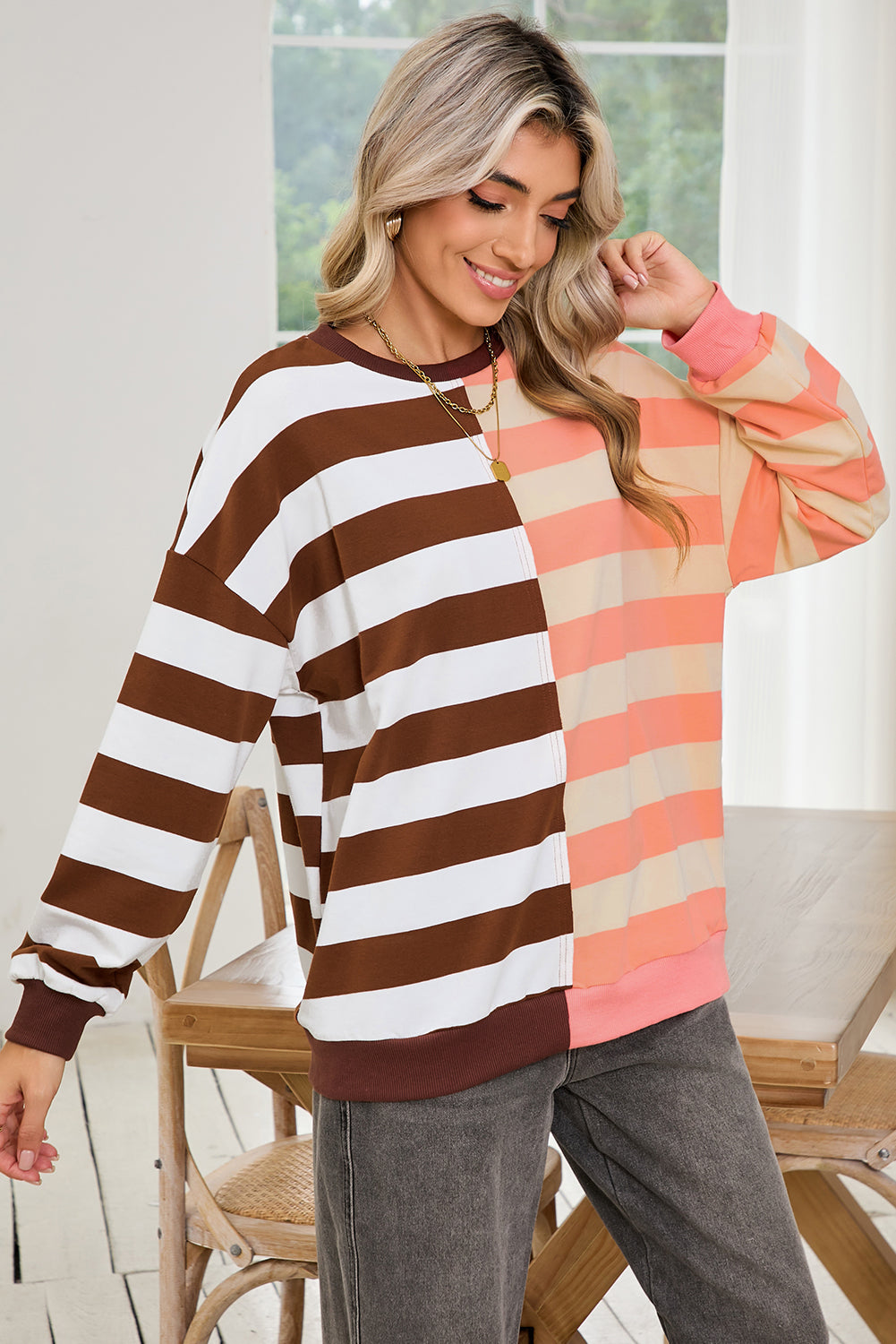 Brown Stripe Color Block Drop Shoulder Pullover Sweatshirt