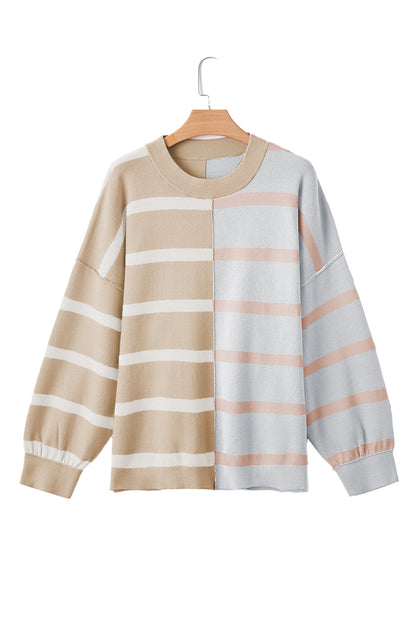 Light Beige Striped Colorblock Drop Shoulder Sweater