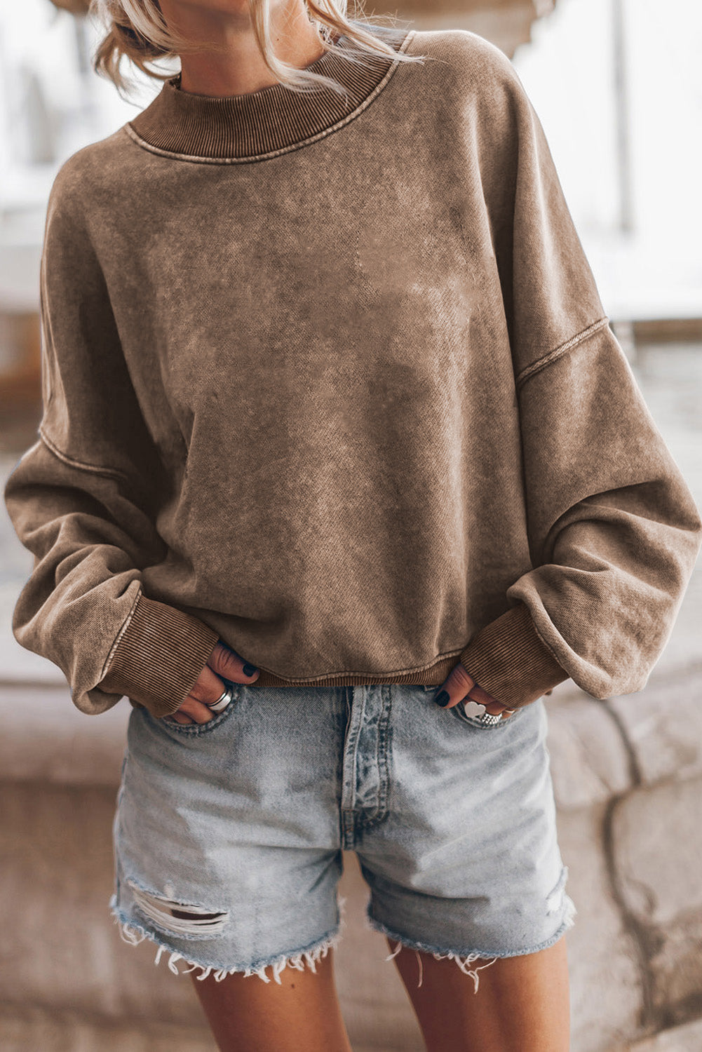 Washed Drop Shoulder Crewneck Pullover Sweatshirt