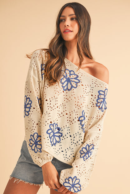 Beige Flower Print Drop Shoulder Hollow Knit Sweater