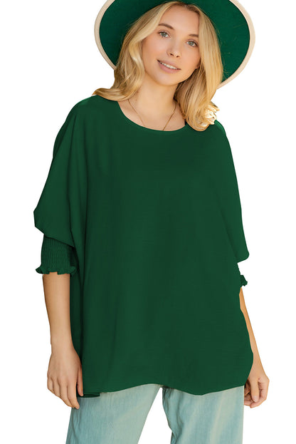 Plain & Casual Shirred Cuffs Half Sleeve Top