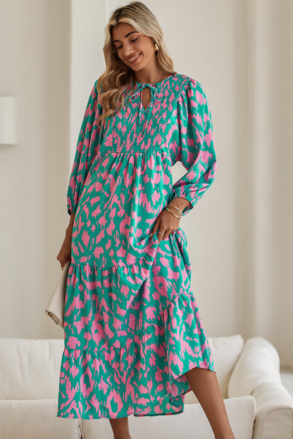 Abstract Print Puff Sleeve Smocked V Neck Maxi Dress