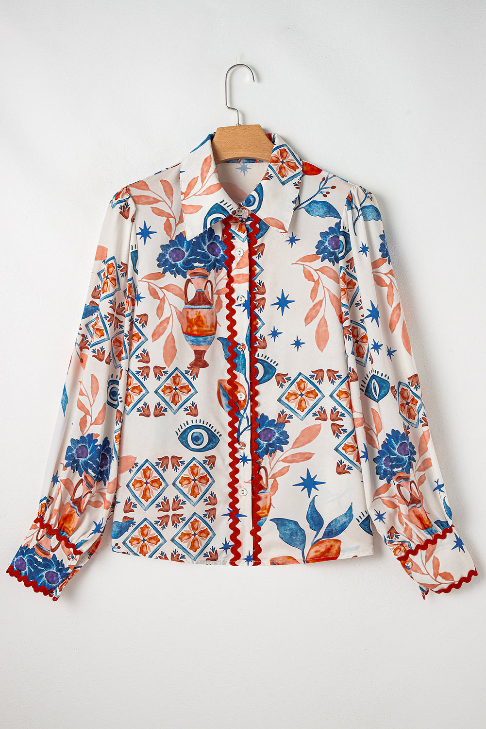 Multicolour Ethnic Floral Print Ricrac Button Down Shirt