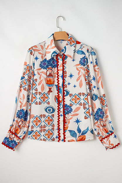 Multicolour Ethnic Floral Print Ricrac Button Down Shirt