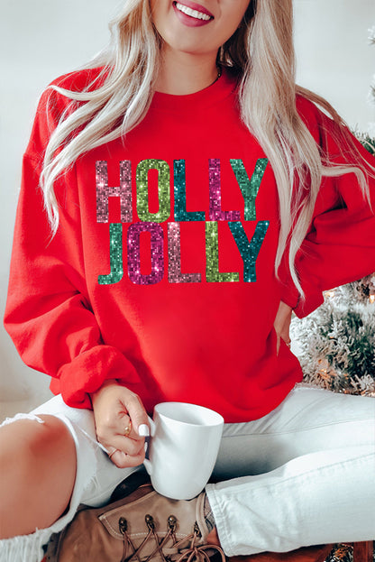 Glittering HOLLY JOLLY Graphic Christmas Pullover Sweatshirt