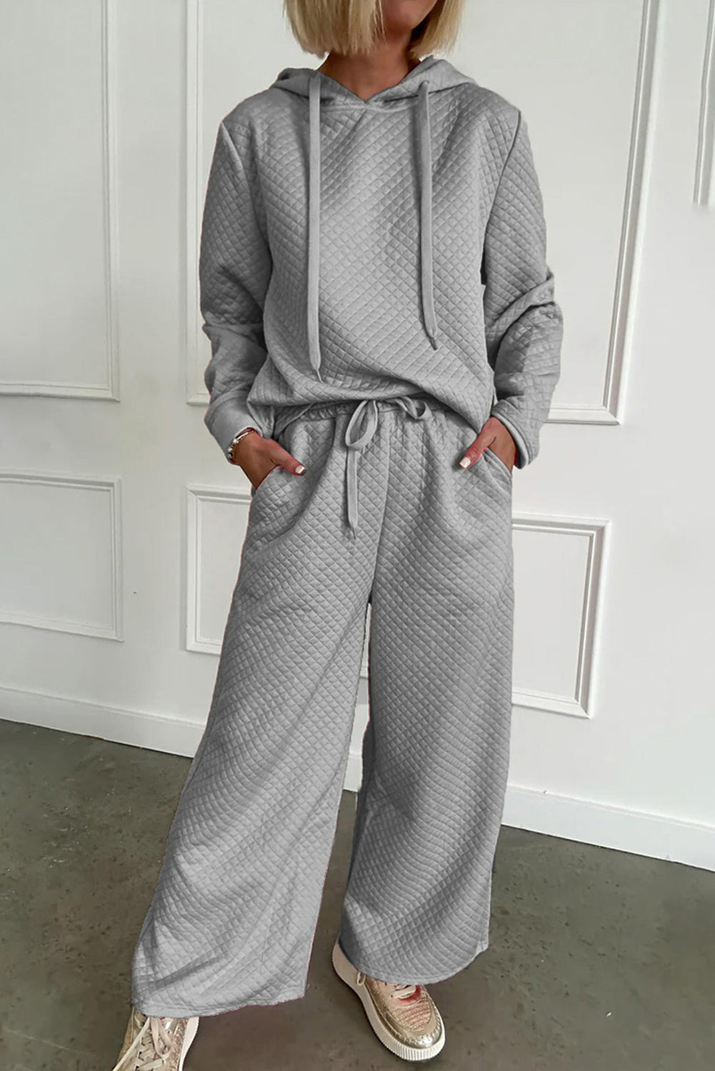 Gray Plain Long Sleeve Hooded Pullover & Wide Leg Pants Set