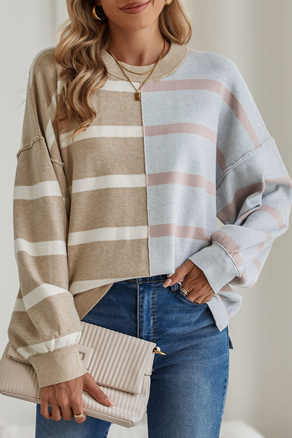 Light Beige Striped Colorblock Drop Shoulder Sweater