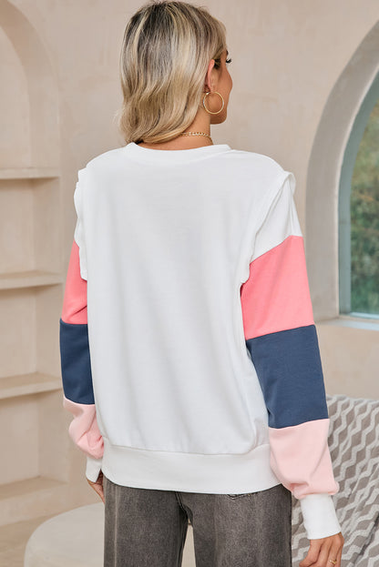 White Color Block Sleeve Ribbed Trim Long Sleeve Top