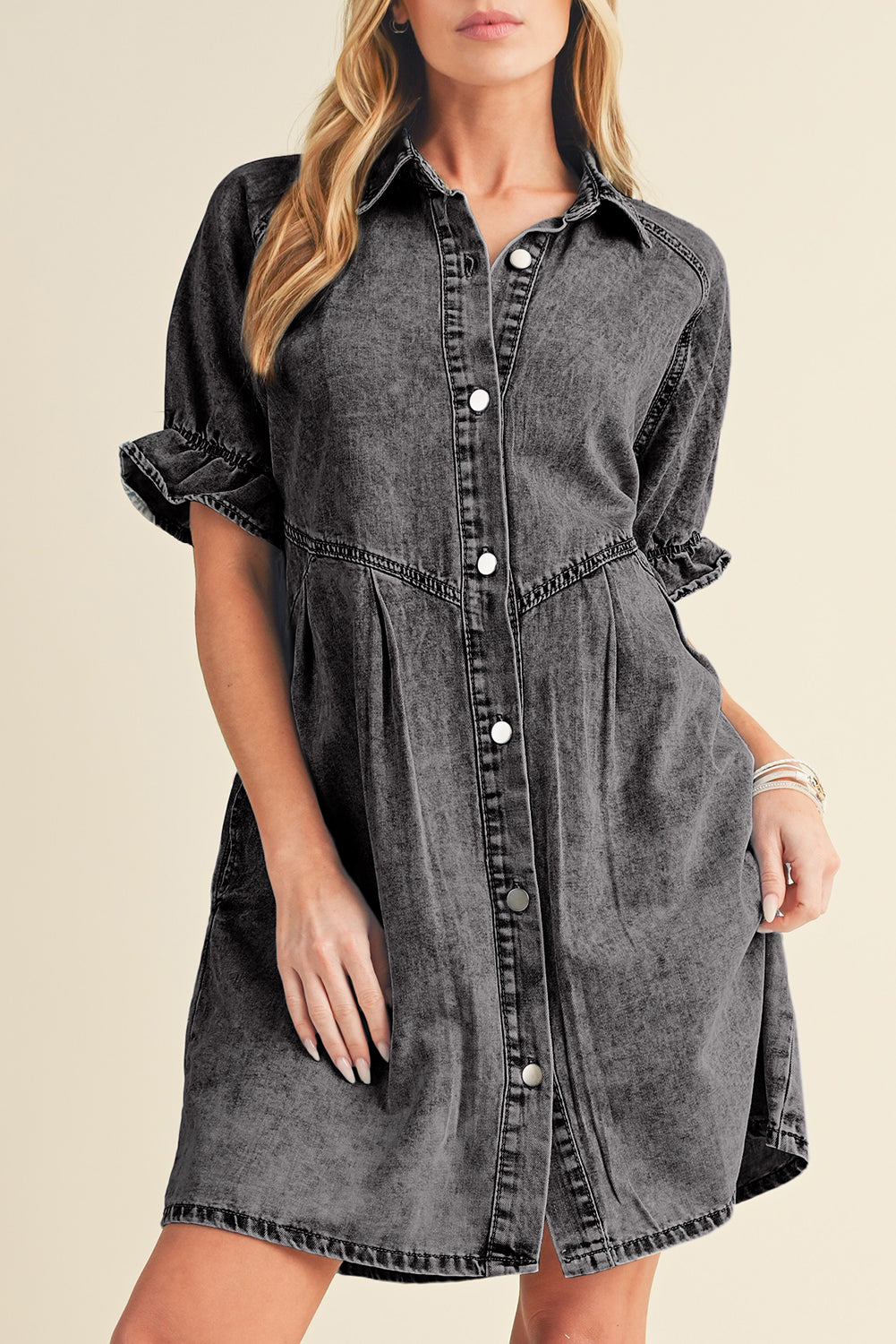 Medium Grey Mineral Washed Ruffled Short Sleeve Pocketed Denim Dress