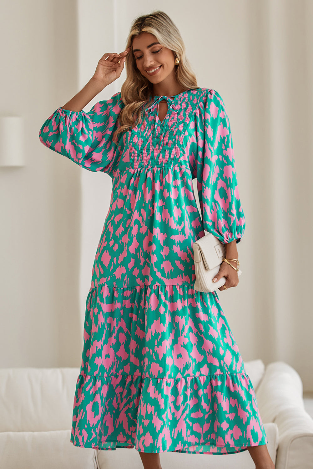 Abstract Print Puff Sleeve Smocked V Neck Maxi Dress