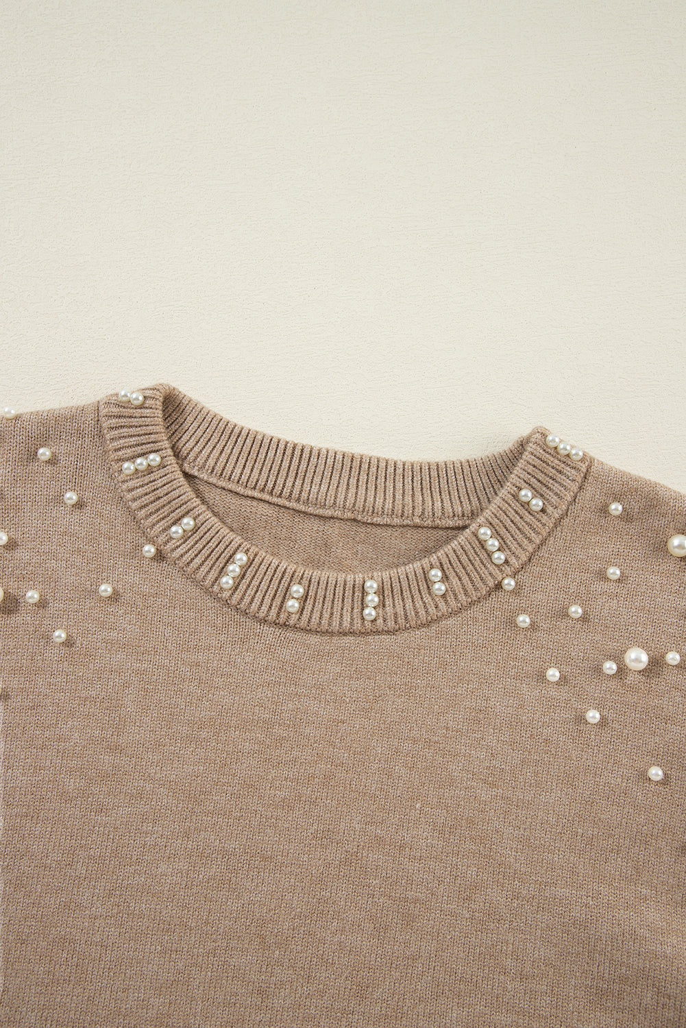 Smoke Gray Pearl Drop Shoulder Round Neck Sweater