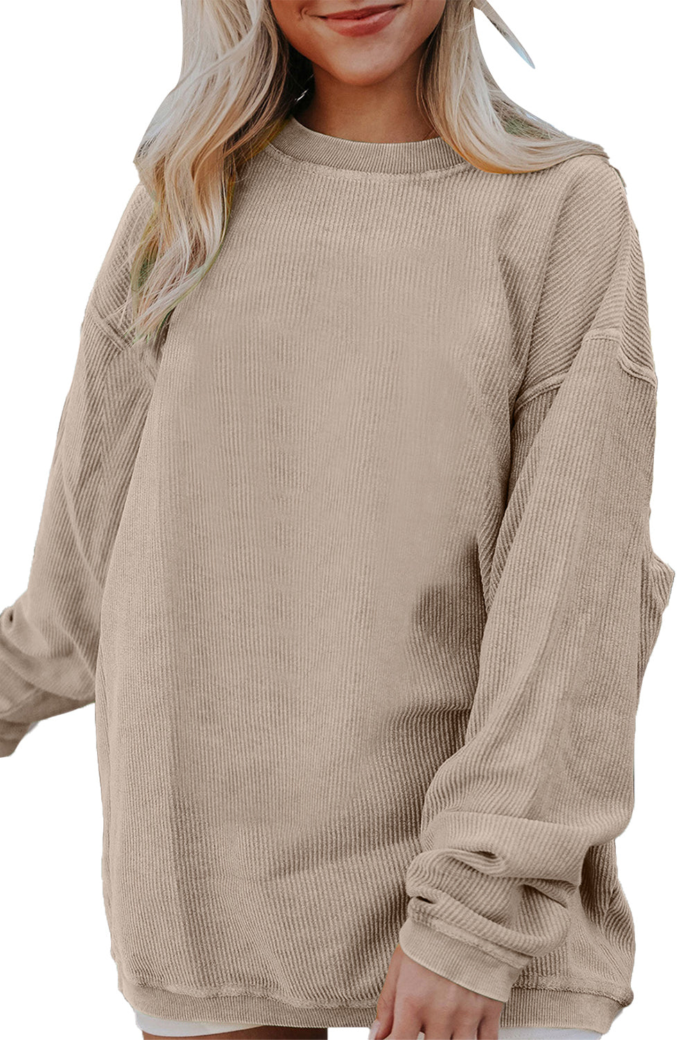 Plain Drop Sleeve Crinkle Rib Oversized Sweatshirt