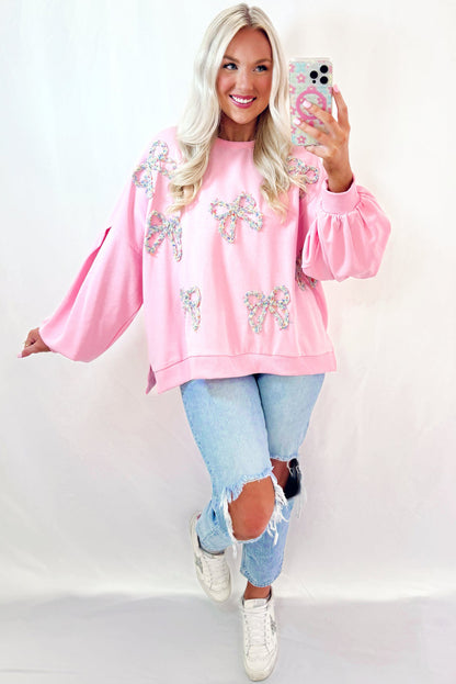 Parchment Sweet Bow Lantern Sleeve Oversized Pullover Sweatshirt