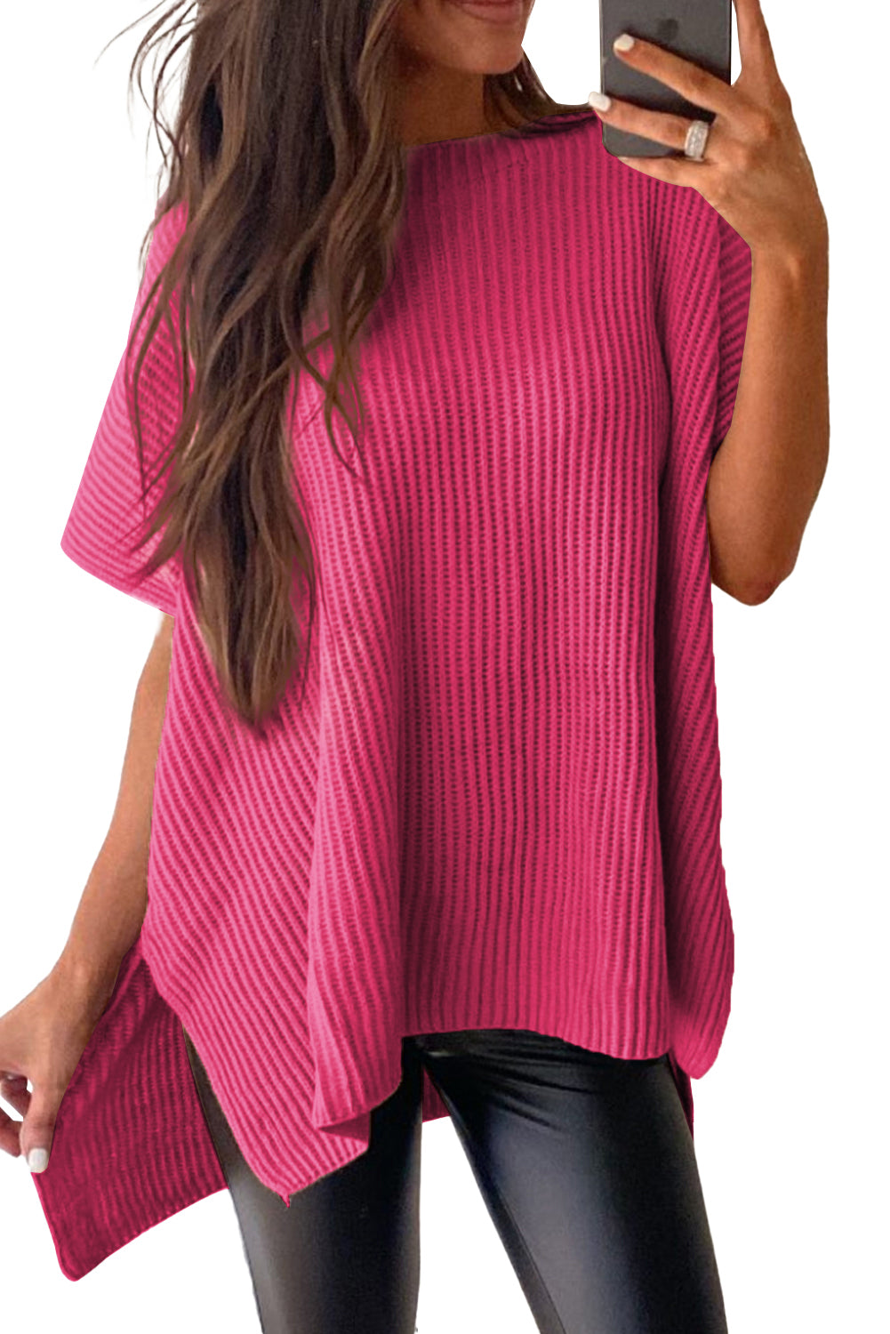 Side Slit Short Sleeve Oversized Sweater