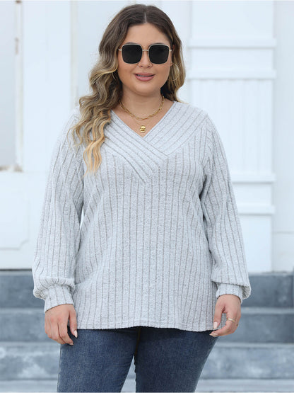 Plus Size Ribbed V-Neck Long Sleeve Top