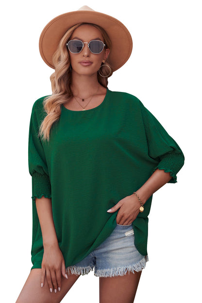 Plain & Casual Shirred Cuffs Half Sleeve Top