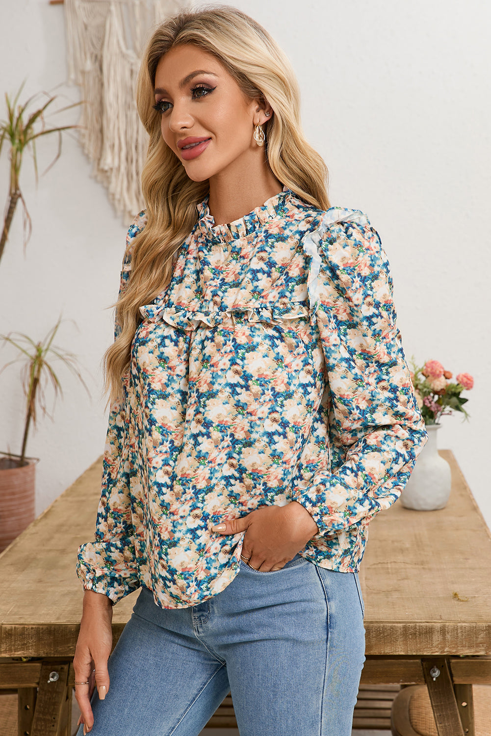 Sky Blue Floral Print Frill Neck Puff Sleeve Blouse