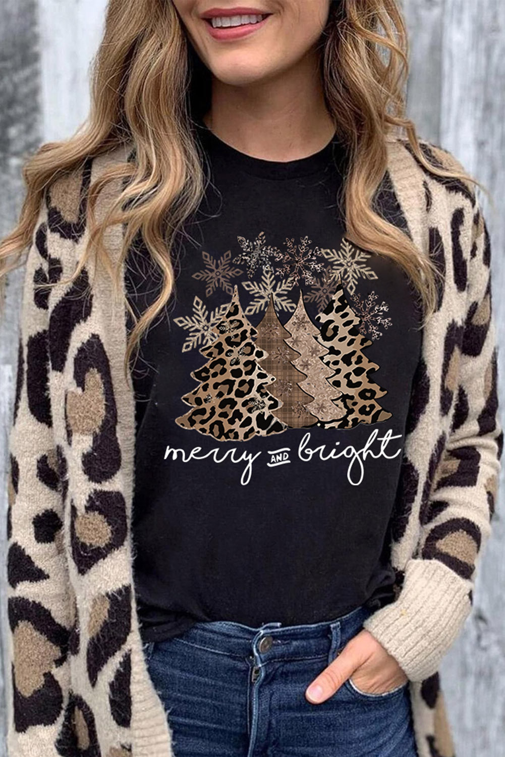 Leopard Christmas Tree Casual Crew Neck Graphic Tee