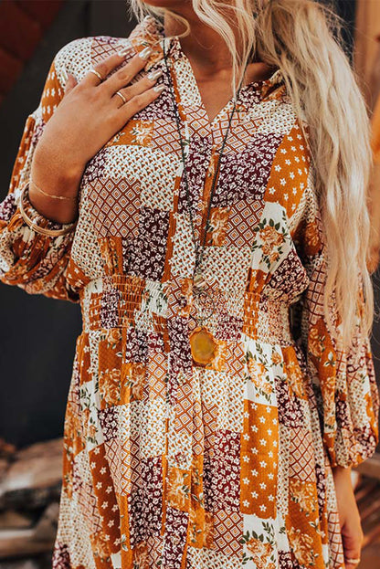 Boho Floral Puff Sleeve Smocked Waist Mini Shirt Dress