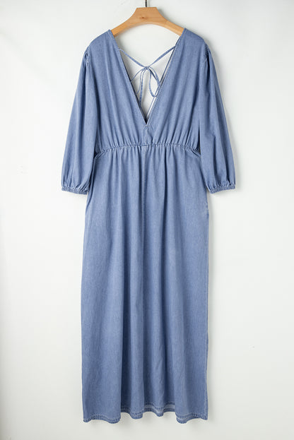 Chambray Deep V Neck Bracelet Sleeve Maxi Dress