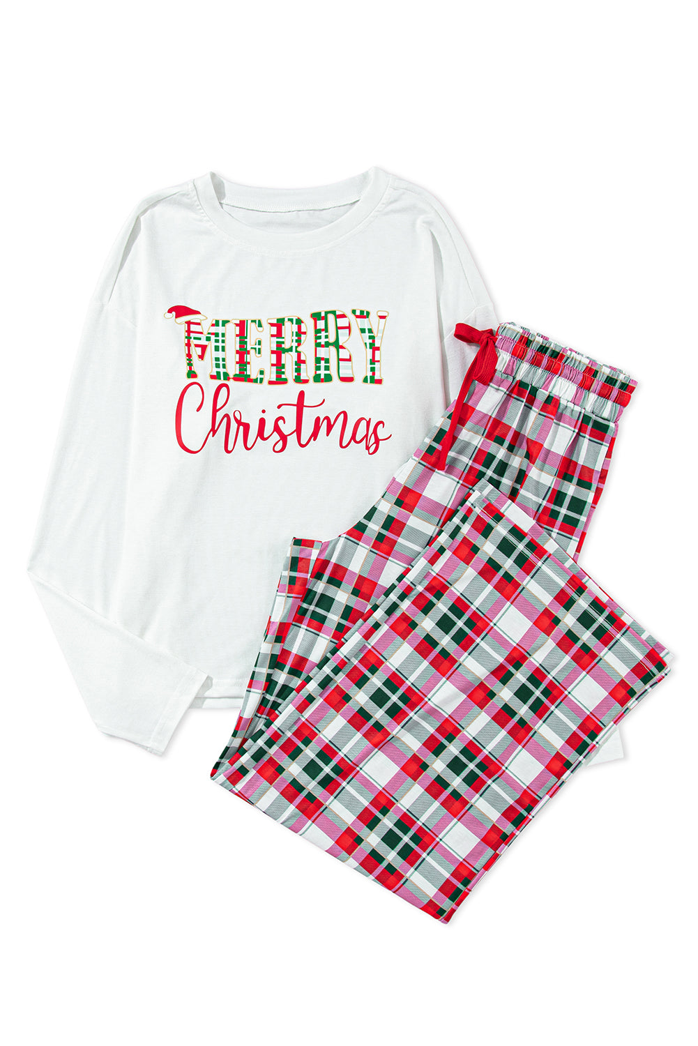 Multicolor Merry Christmas Top and Plaid Pants Pajama Set