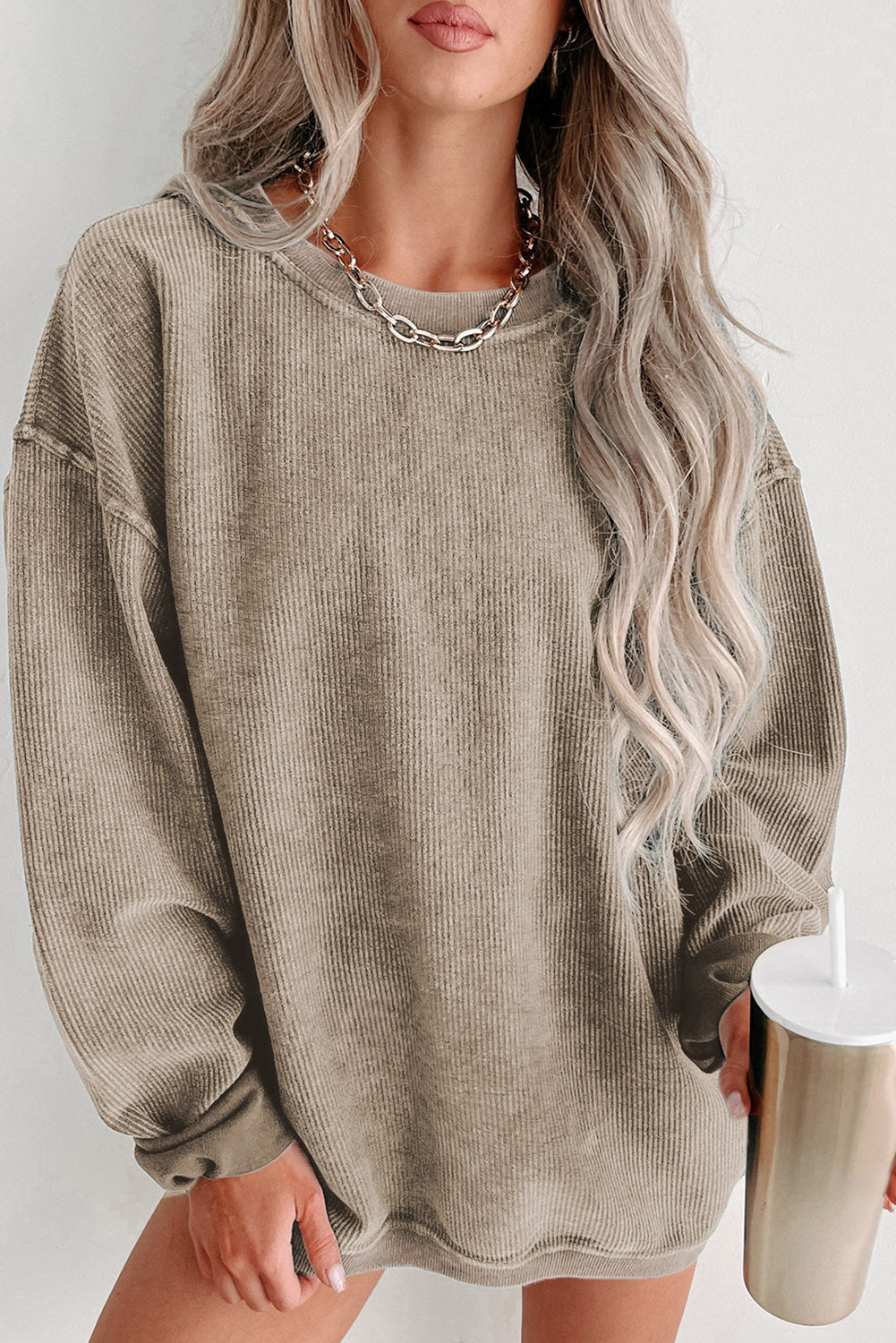 Ribbed Round Neck Drop Sleeve Pullover Sweatshirt