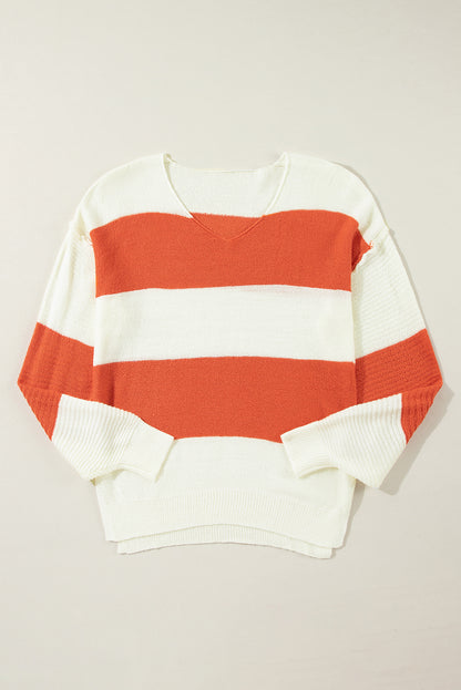 Orange Colorblock V Neck Side Slits Sweater