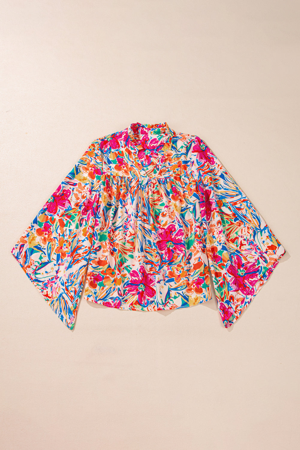 Multicolour Flower Print V Neck Bell Sleeve Blouse