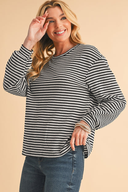 Khaki Stripe Round Neck Drop Shoulder Long Sleeve Top