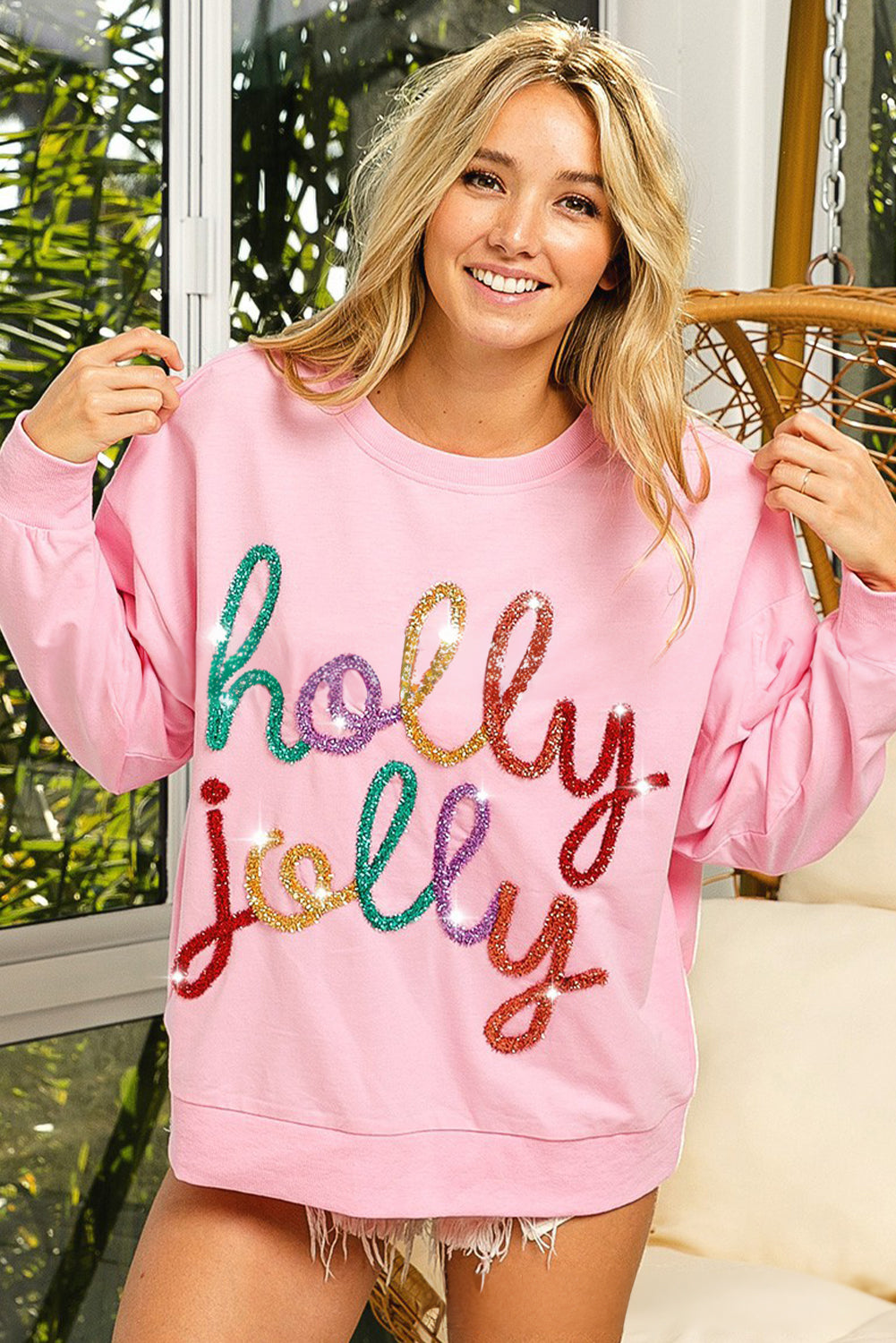 Pink Holly Jelly Round Neck Casual Pullover Sweatshirt