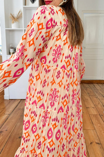 Abstract Geometric Printed V Neck Maxi Dress