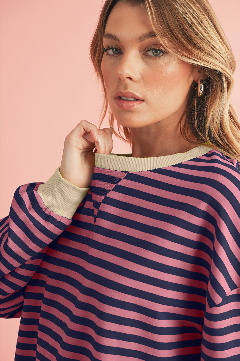 Green Stripe Contrast Edge Oversized Sweatshirt