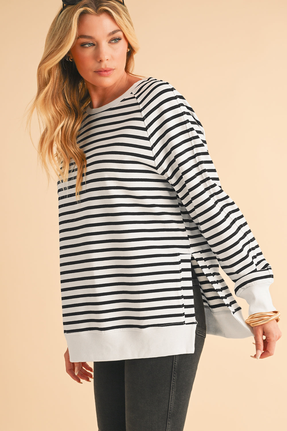 Black Stripe Raglan Sleeve Loose Split Sweatshirt