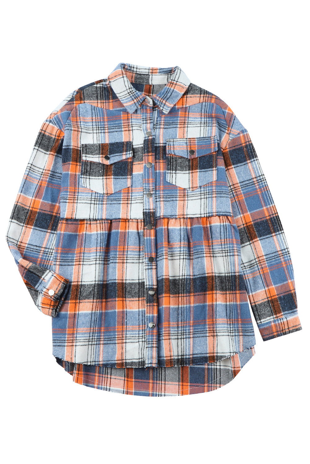 Multicolor Plaid Snap Button Casual Raw Hem Shirt Shacket