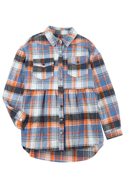 Multicolor Plaid Snap Button Casual Raw Hem Shirt Shacket