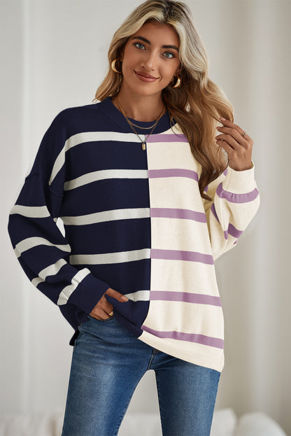 Light Beige Striped Colorblock Drop Shoulder Sweater