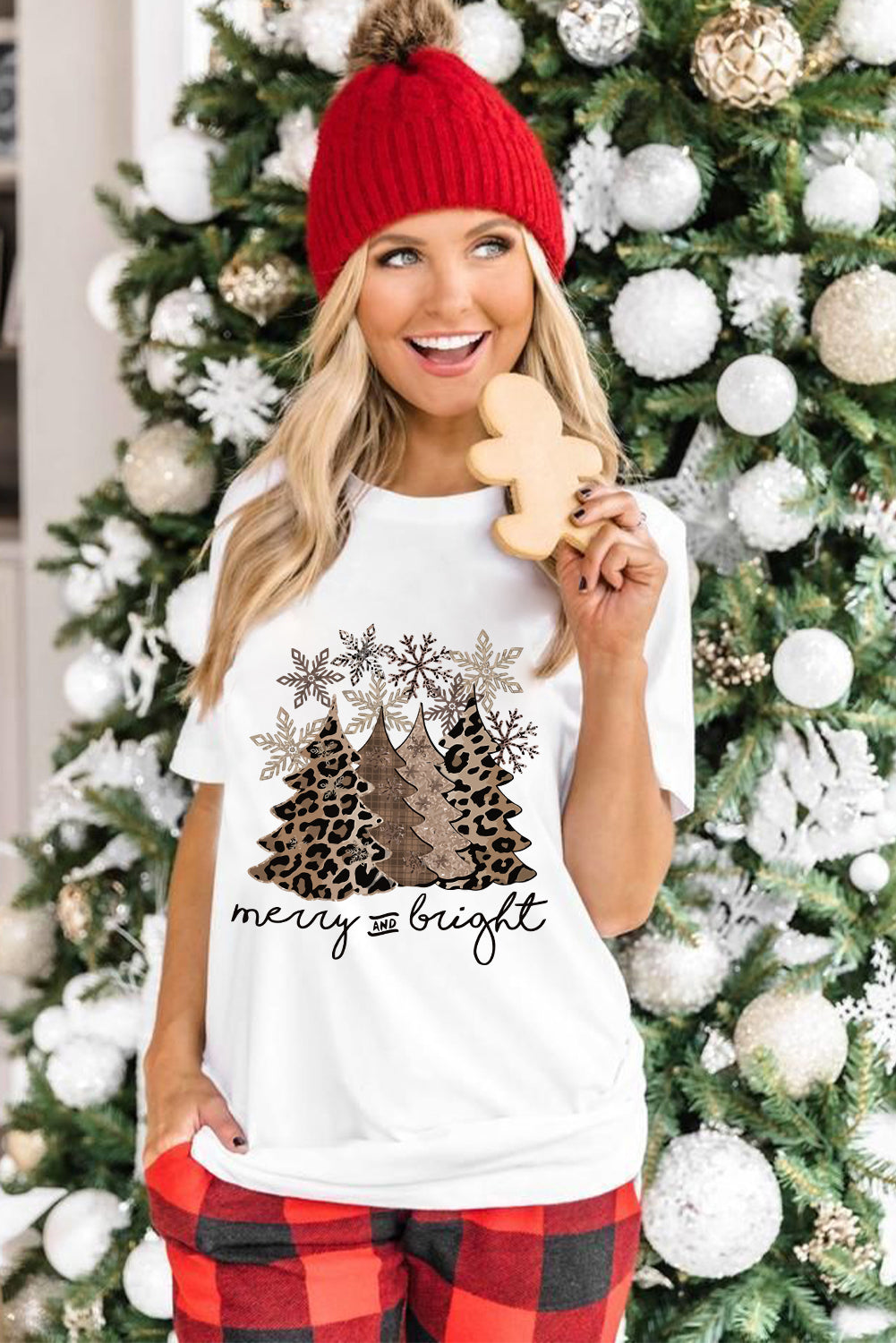 Leopard Christmas Tree Casual Crew Neck Graphic Tee