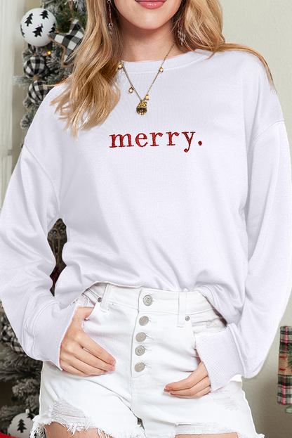 Beige Merry Graphic Embroidered Crewneck Sweatshirt