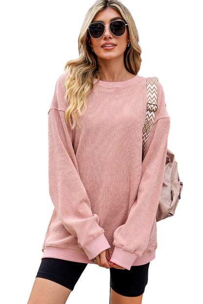 Ribbed Round Neck Drop Sleeve Pullover Sweatshirt